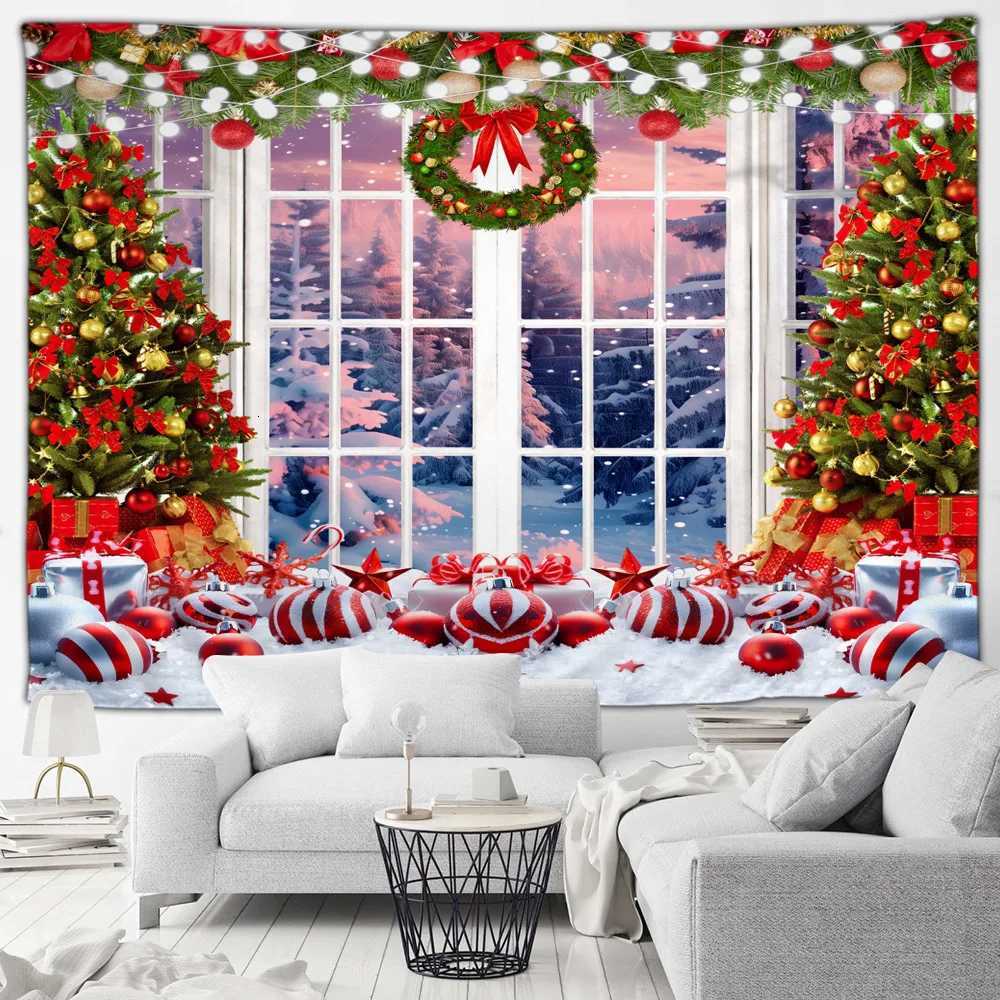 Christmas Tapestry Xmas Tree Gifts Outside Window Winter Forest Cedar Snowflake Landscape Home Living Room Decor Wall HangingM251125