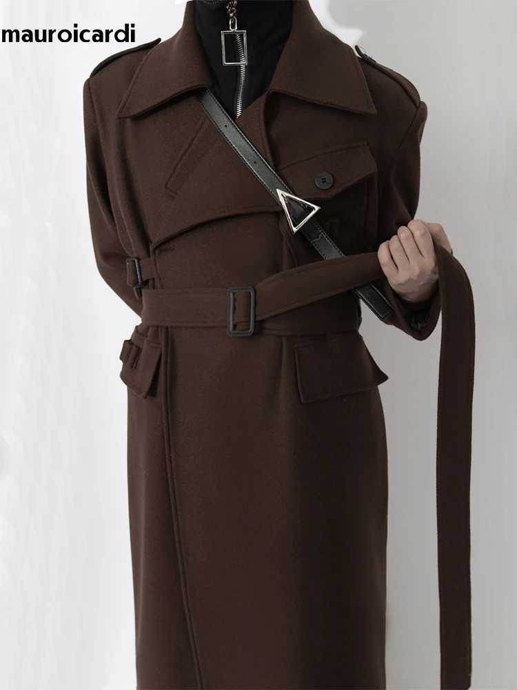 Mauroicardi Autumn Winter Cool Elegant Long Warm Black Woolen Trench Coat Men Belt Luxury Designer Clothes Wool Blends OvercoatT251125