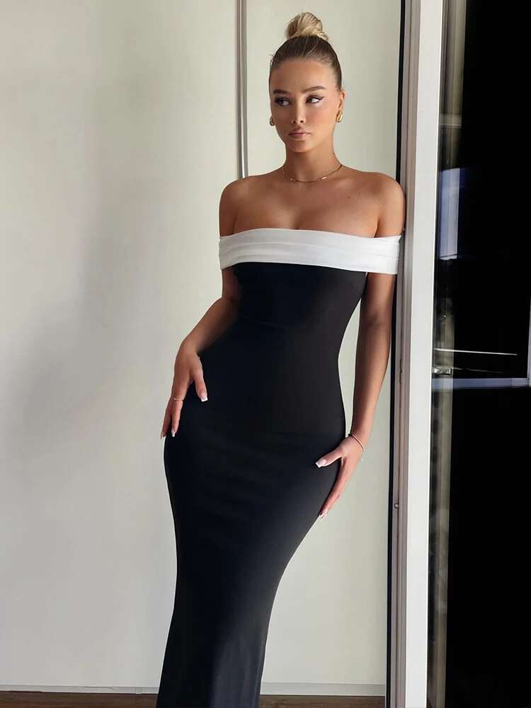 Dongdumaoyi Townlike Elegant Off Shoulder Midi Long Slim Bodycon Dress Women Spring Summer Backless Nightclub Sexy Party Dresses