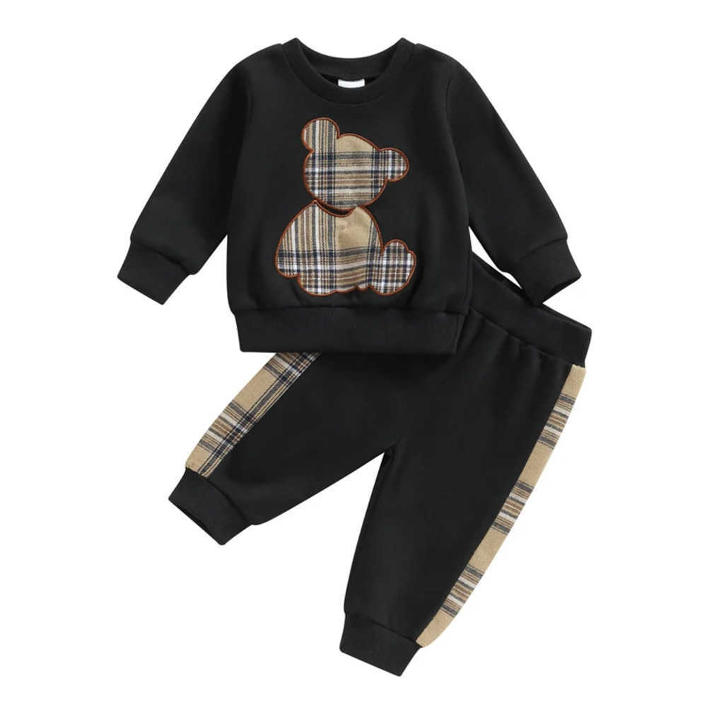 Clothing Sets 0-24M Baby Boy Clothes Black Outfit Fashion Bear Print Long Sleeve Sweatshirt Black Trousers 2Pcs Clothes Set for Infant R250424 TBF1