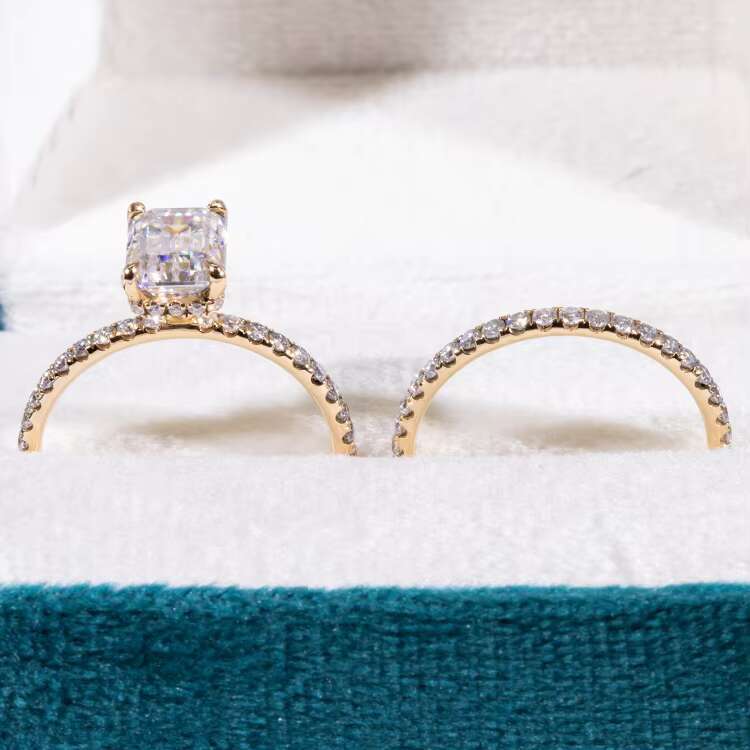 Fashion 2CT Emerald Cut Hidden halo 10K Gold Moissanite Diamond Ring with Eternity Wedding Band Jewelry Set