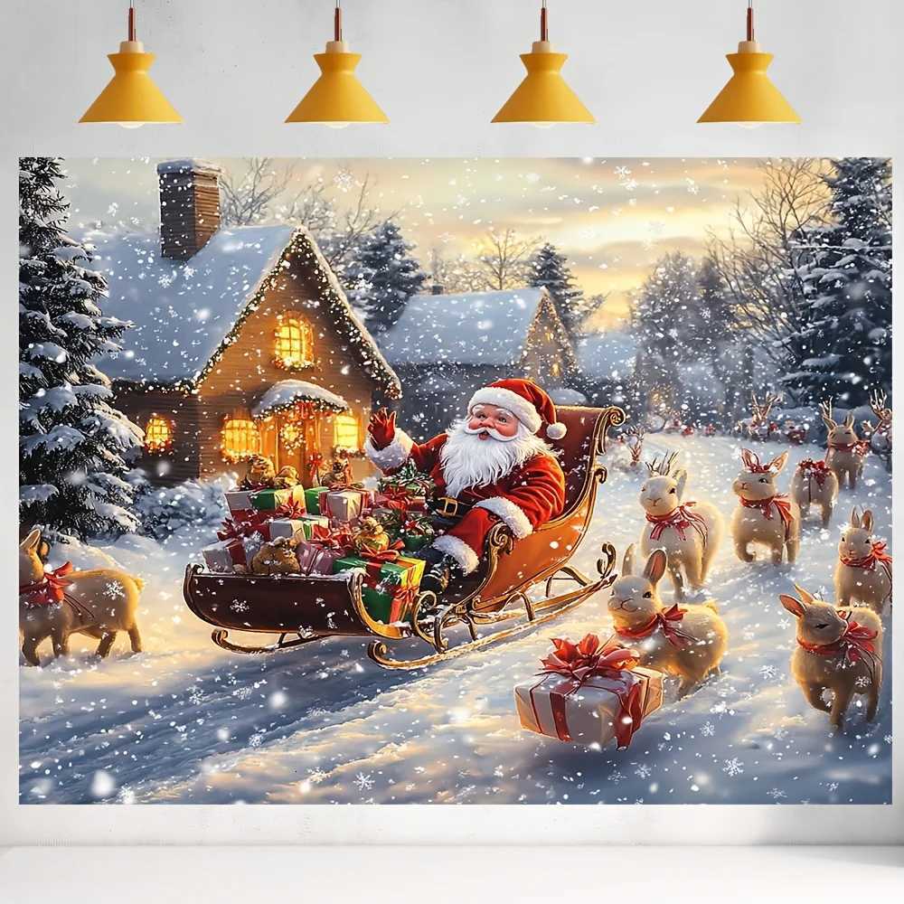 tapestry1pc Merry Christmas Decorative Banner Santa Claus and Reindeer Sleigh Background 100 PolyesterM251125