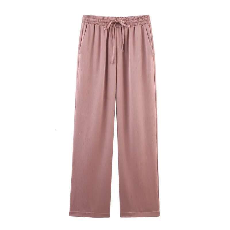 Bark Wrinkling Effect 2-Piece Pama Style Double Breasted Satin Sports Shirt High Waisted Long Pants Set