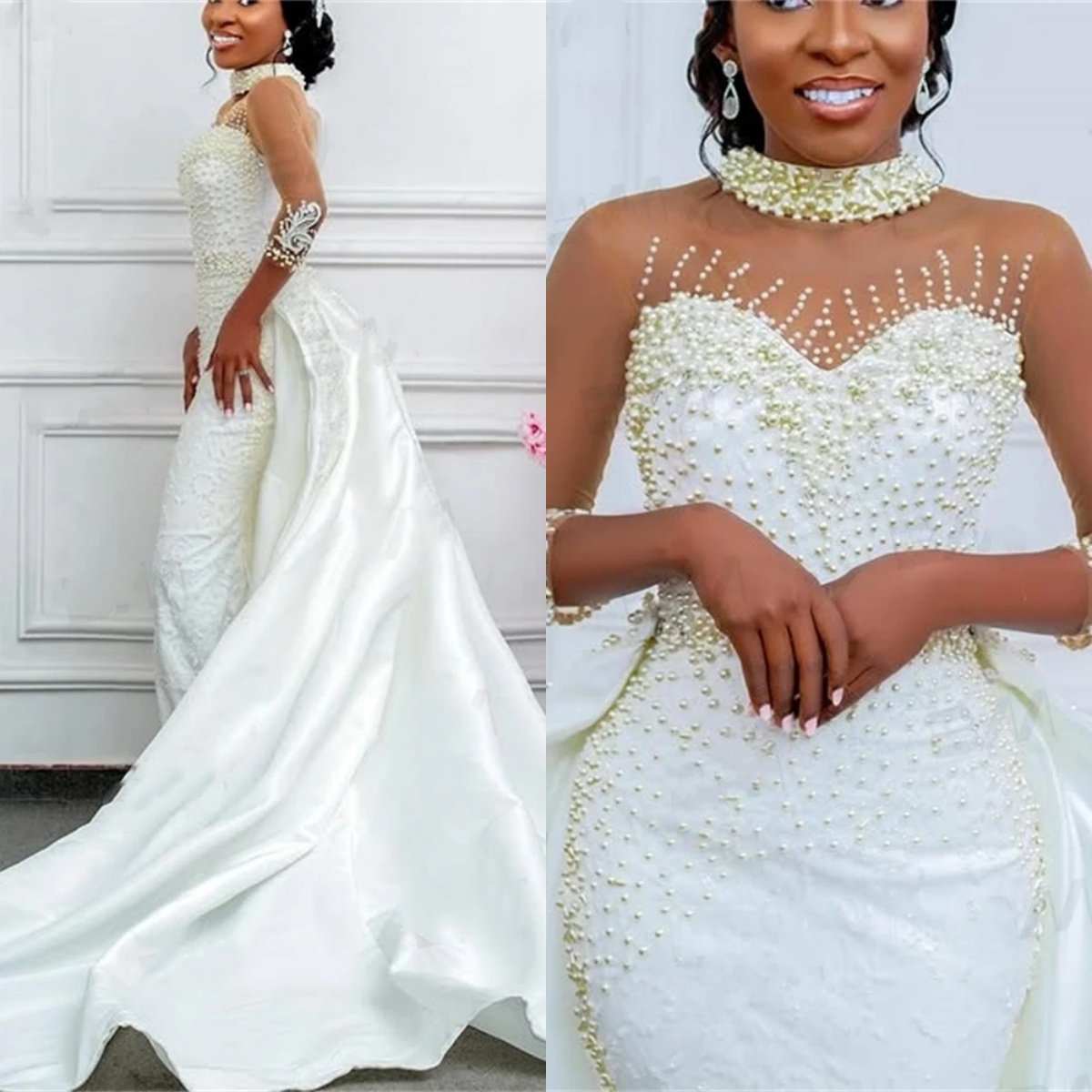 Elegant A Line Women Wedding Dress High Collar Long Sleeves Bridal Gowns Pearls Detachable Train Dress Custom Made