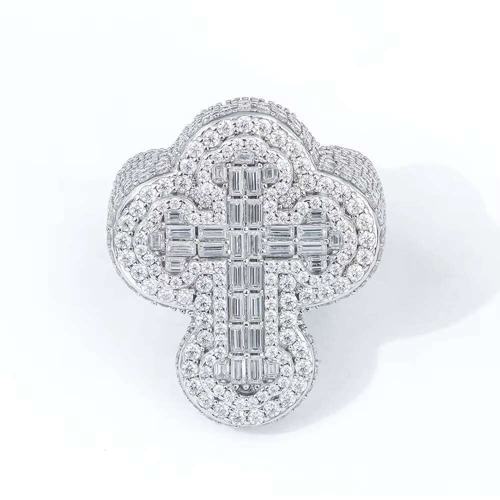 Mens Fully Iced Out 14K Gold Plated Hip Hop Rings Moissanite Ring for Men Punky Rapper Style Baguette Cross Pinky Ring