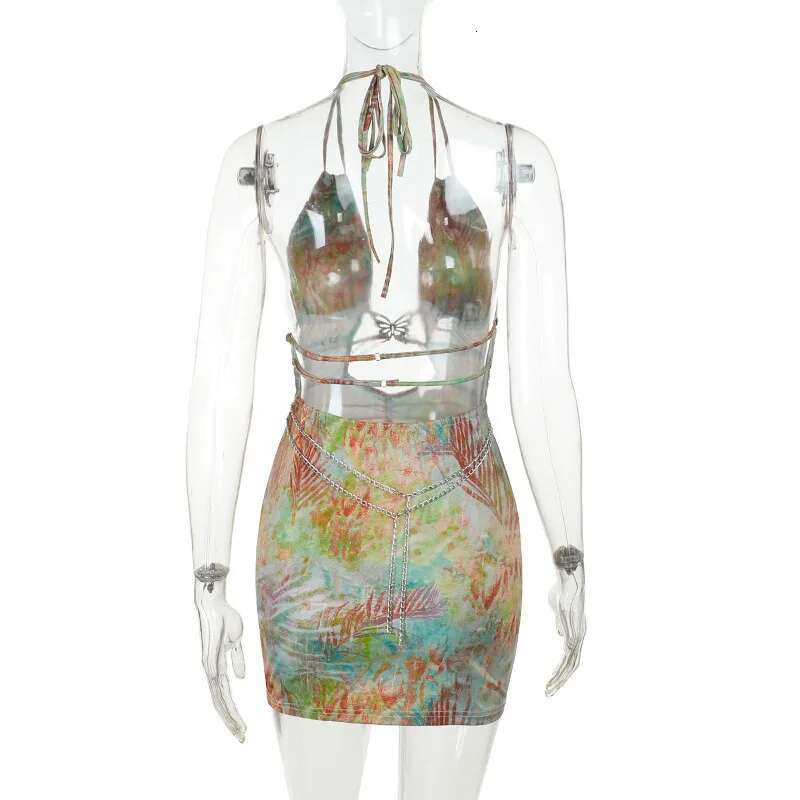 Dongdumaoyi Townlike Print Slim Bodycon Dress Women Halter Mini Spring Summer Chain Deep V Neck Backless Sexy Party Dresses