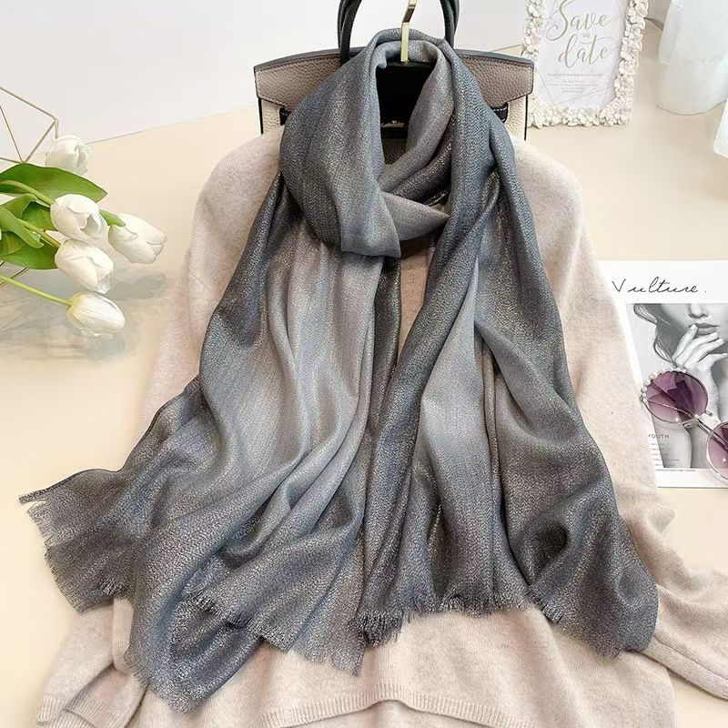 T556 simple spring and autumn new gradient scarf female fashion warm long scarf gold and silver silk tassel neck scarf
