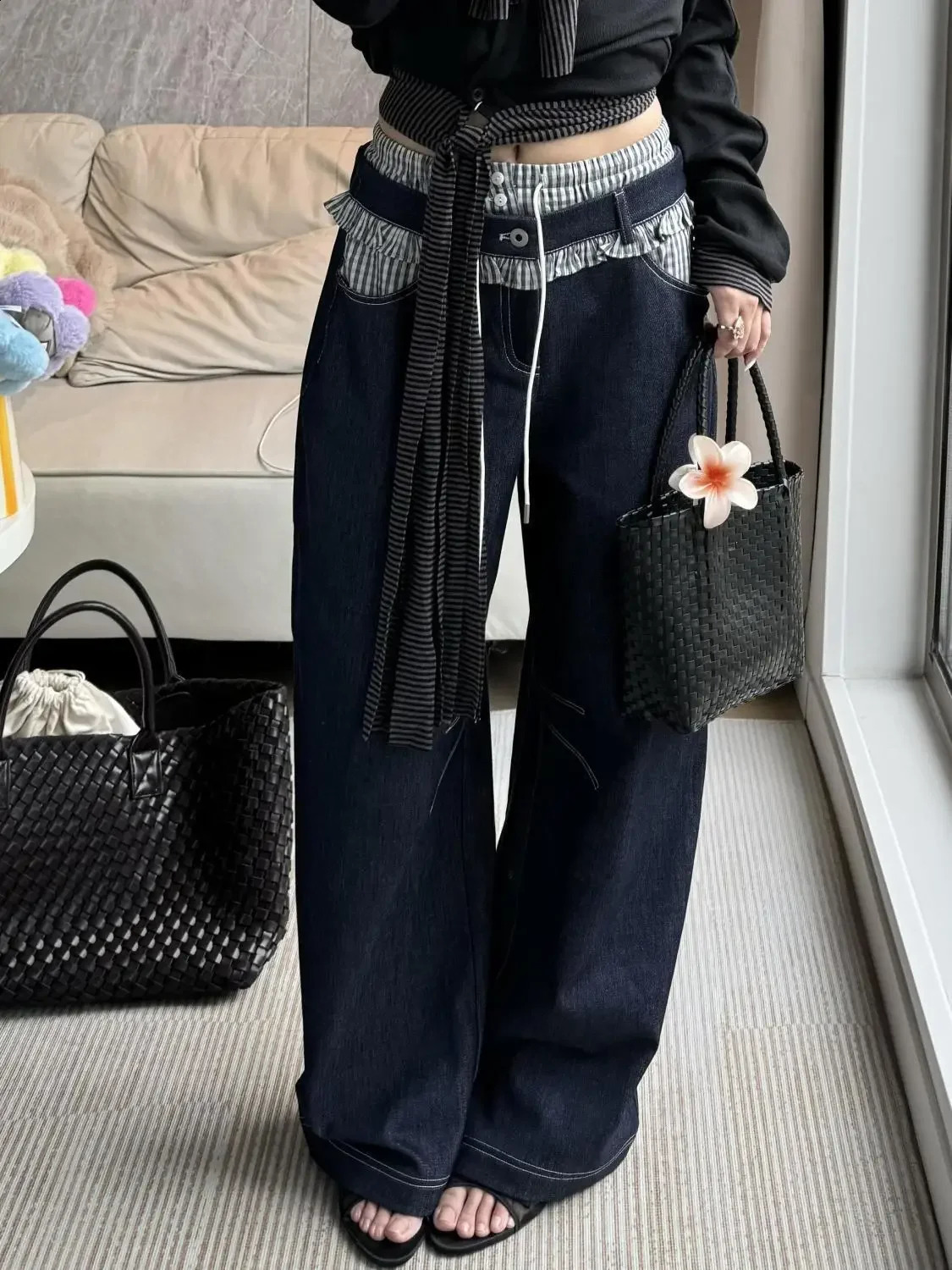 American retro washed plain waist black fungus edge patchwork jeans suitable for womens high street loose straight leg pants 250422