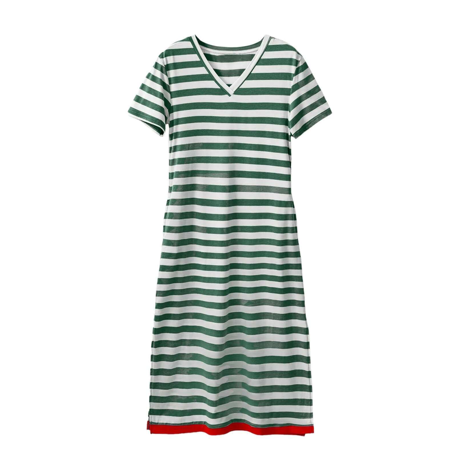 Dongdumaoyi Summer Women Dress Side Split V Neck Short Sleeves Mid Calf Midi Casual Color Matching Length Slim Fit Lady