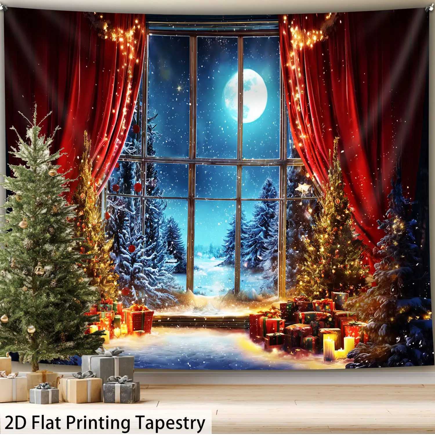 Winter Snow Window Tapestry Red Gold Christmas Tree with Twinkling LightsFestive Wall Art for Bay Window and Living Room DecorM251125