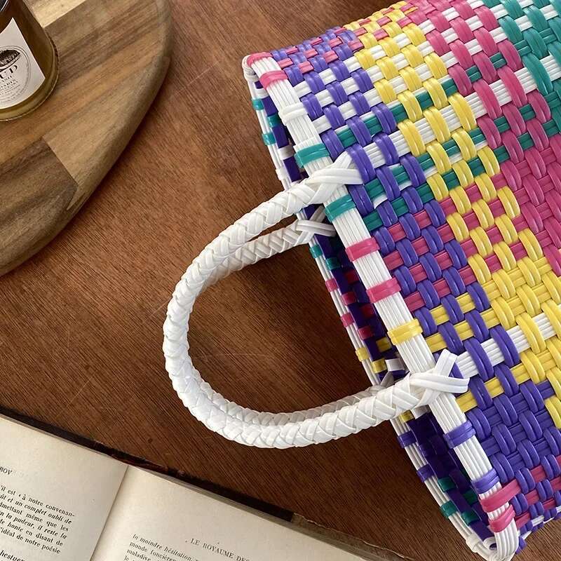 2024 New Vegetable Basket Summer Fashion PVC Handbag Hand Woven Bag Patchwork Striped Tote Beach Bags Purses And Handbags