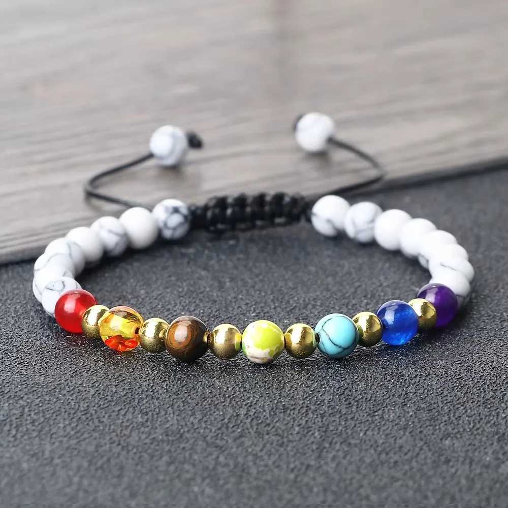 New Budda 7 Chakra Natural Stone Braided Bracelet 6mm Black Gallstone Black Line Lava Beads Bangle Chain Adjustable Jewelry Gift J251125