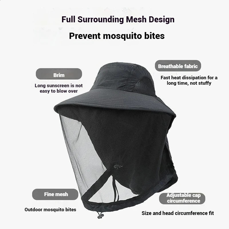 Summer Fishing Hat Outdoor Mosquito Insect Mesh Hat Fishing Climbing Hiking Hats Camping Sun Hats for Men Women 250424