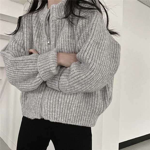 Womens Zip Up Sweater Cardigan Chunky Knit Stand Collar Zipper Front Plain Sweater Jacket Ladies Korean Chic Fall Winter OutfitT251125
