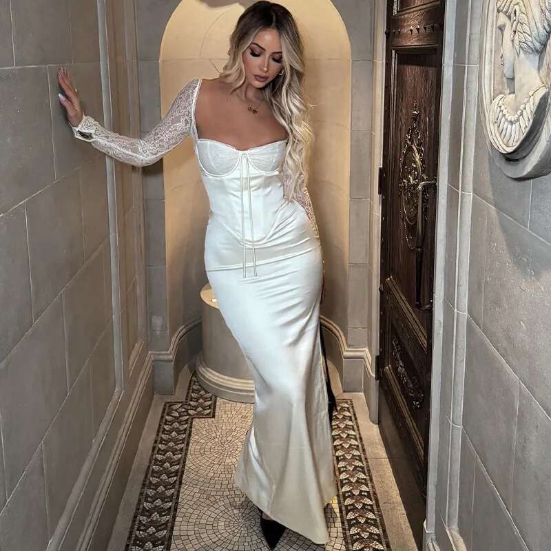 Dongdumaoyi Townlike Lace Patchwork Slim Bodycon Dress Women Strapless Autumn Winter Midi Long Nightclub Sexy Party Dresses