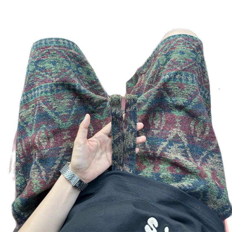 American dirty shorts, men's summer ethnic style printed over the knee five quarter pants, casual and handsome oversized shorts