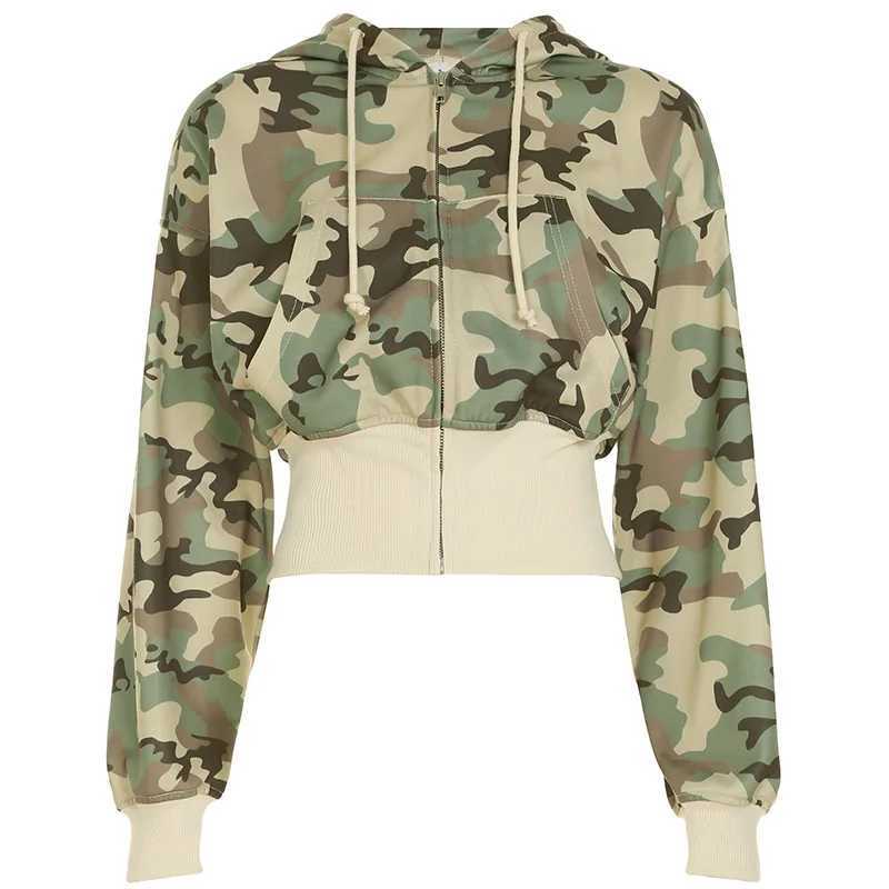 Camouflage two-piece personalized set casual street sports set short waist hooded cardigan jacket and long and wide leg pants w250425