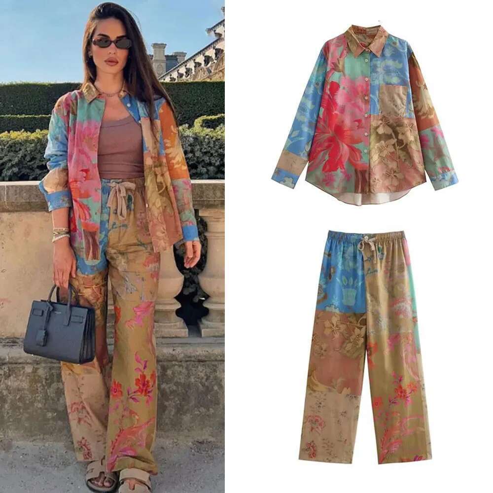 2024 Print Sets For Woman New Fashion Long Sleeve Shirts Chic Drawstring Wide Leg Pants Casual 2 Pieces Women Outfits