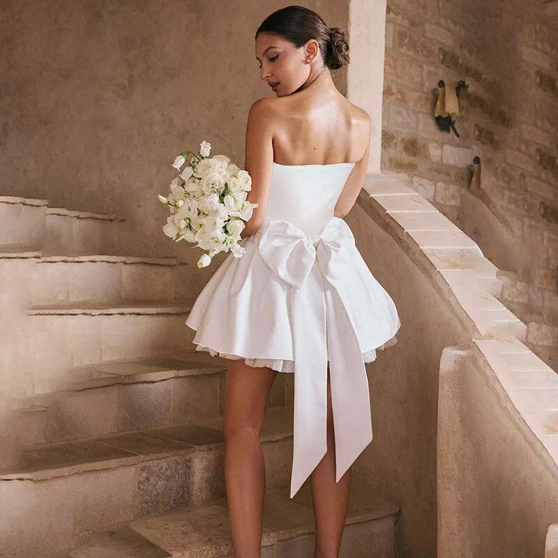 Dongdumaoyi Townlike Bow Waist Wrap A Line Dress Women Strapless Mini Summer Elegant Double Layer Sexy Party Dresses With Lining