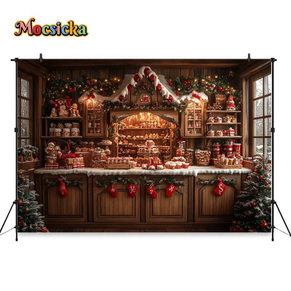 Brown Gingerbread Kitchen Background Photography Christmas Tree Wreath Cabinet Backdrop Winter Kids Family Birthday Photo StudioM251125