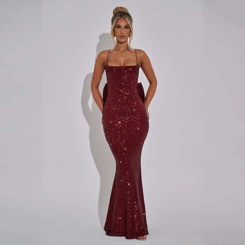 Dongdumaoyi Townlike Bow Sequin Nightclub Sexy Party Dress Women Spaghetti Strap Spring Summer Slim Bodycon Maxi Long Dresses