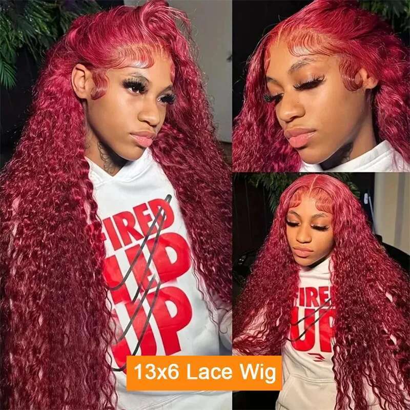 30 40 Inch 99J Bury 13X6 Hd Human Hair Red Colored 13X4 Transparent Lace Curly Deep Wave Frontal Wig