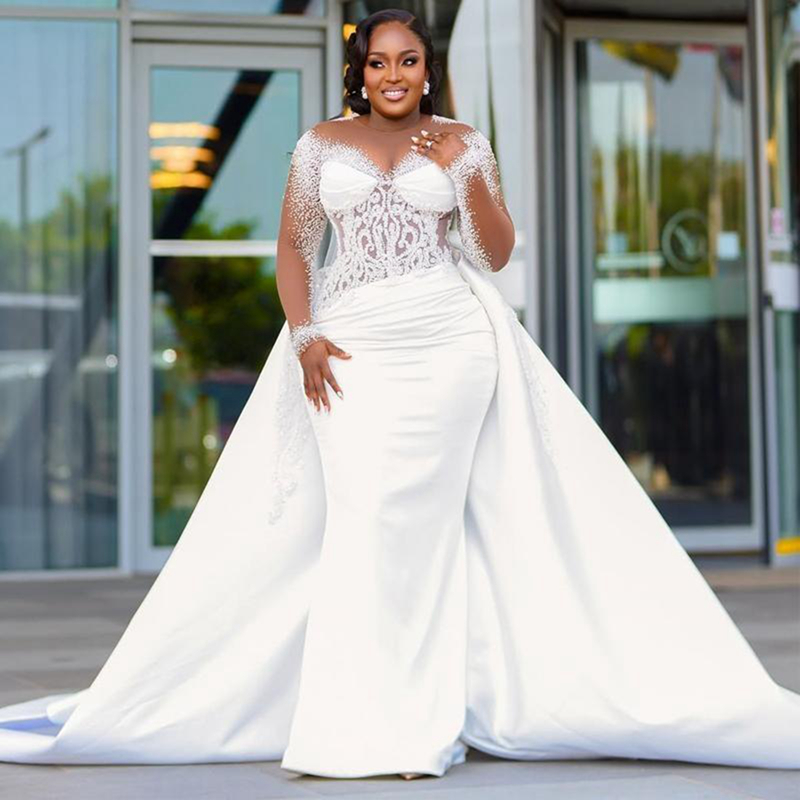 2024 Plus Size African Mermaid Wedding Dress Bridal Gowns For Bride Illusion Detachable Train Sheer Neck Beaded Lace Rhinestones Wedding Gowns For Bla