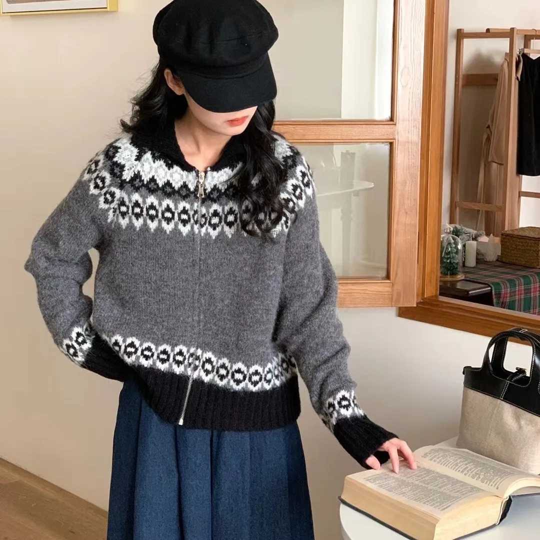 Women Print Knit Sweater Zipper Cardigan Turn Down Collar Full Sleeved Jumpers Sweaters Casual Splice Streetwear ThickT251125