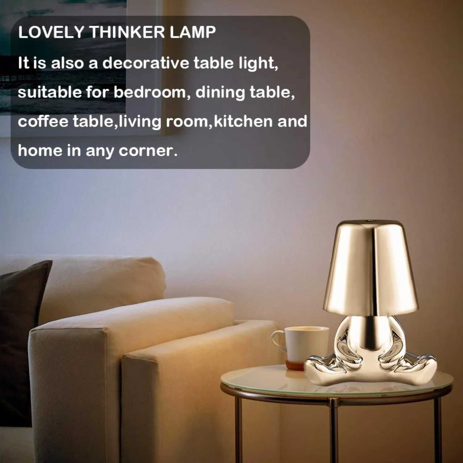 Bedside Touch Control Table Lamp Creative Little Silver Man Decorative Thinker Statue LED Desk Lamp USB Charging 3 Level BrighM251125