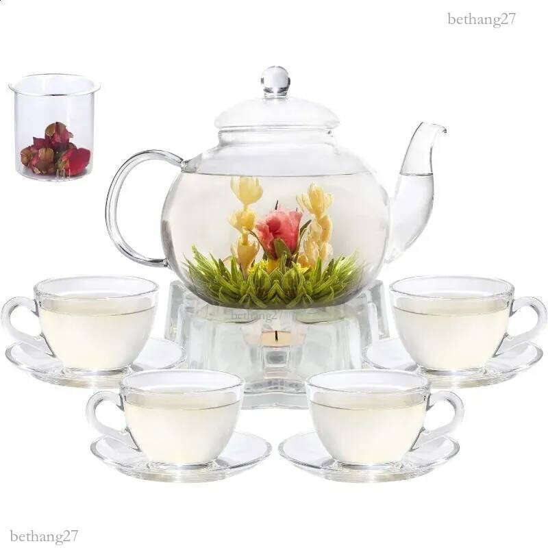 Glass Teapot Set 40OZ/1200ml Stovetop Safe Glass Tea Kettle with Removable Infuser Tea Warmer Tea Cups and Saucers Set of 4 240731