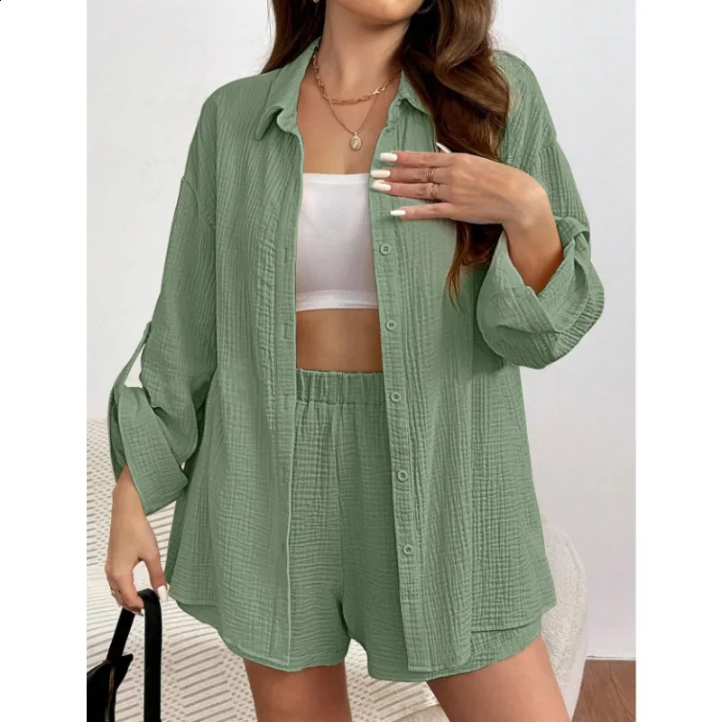 Solid color casual loose womens shorts set elegant summer womens two-piece set full set womens clothing 250422