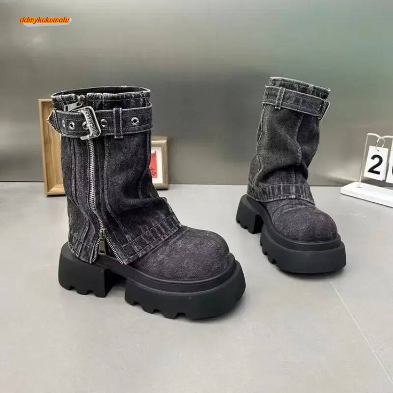 Ladies Shoes 2024 Fashion Sleeve Women's Spring Autumn Round Toe Denim Solid Middle Tube Platform Chunky Heels Boots ddmykukumalu