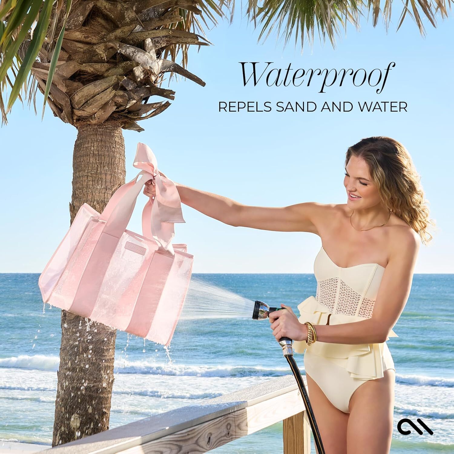 Case-Mate Pink Bow Lightweight Beach With Phone Pouch Women Waterproof, Tip-Proof, Foldable & Washable Tote Bag For Beach, Pool, Travel And Vacation -
