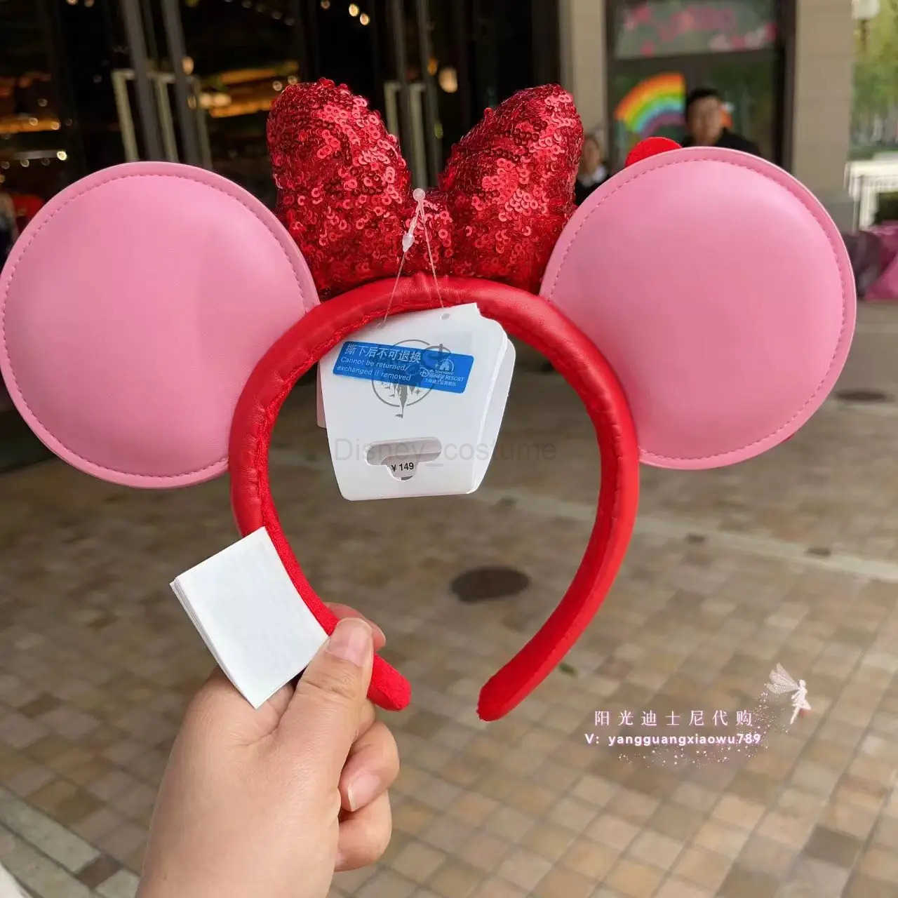 Disney 2025 Disney Mouse Headband Cartoon Red Bow PU Leather Shanghai Disneyland Adult and Childrens Headbands X250425