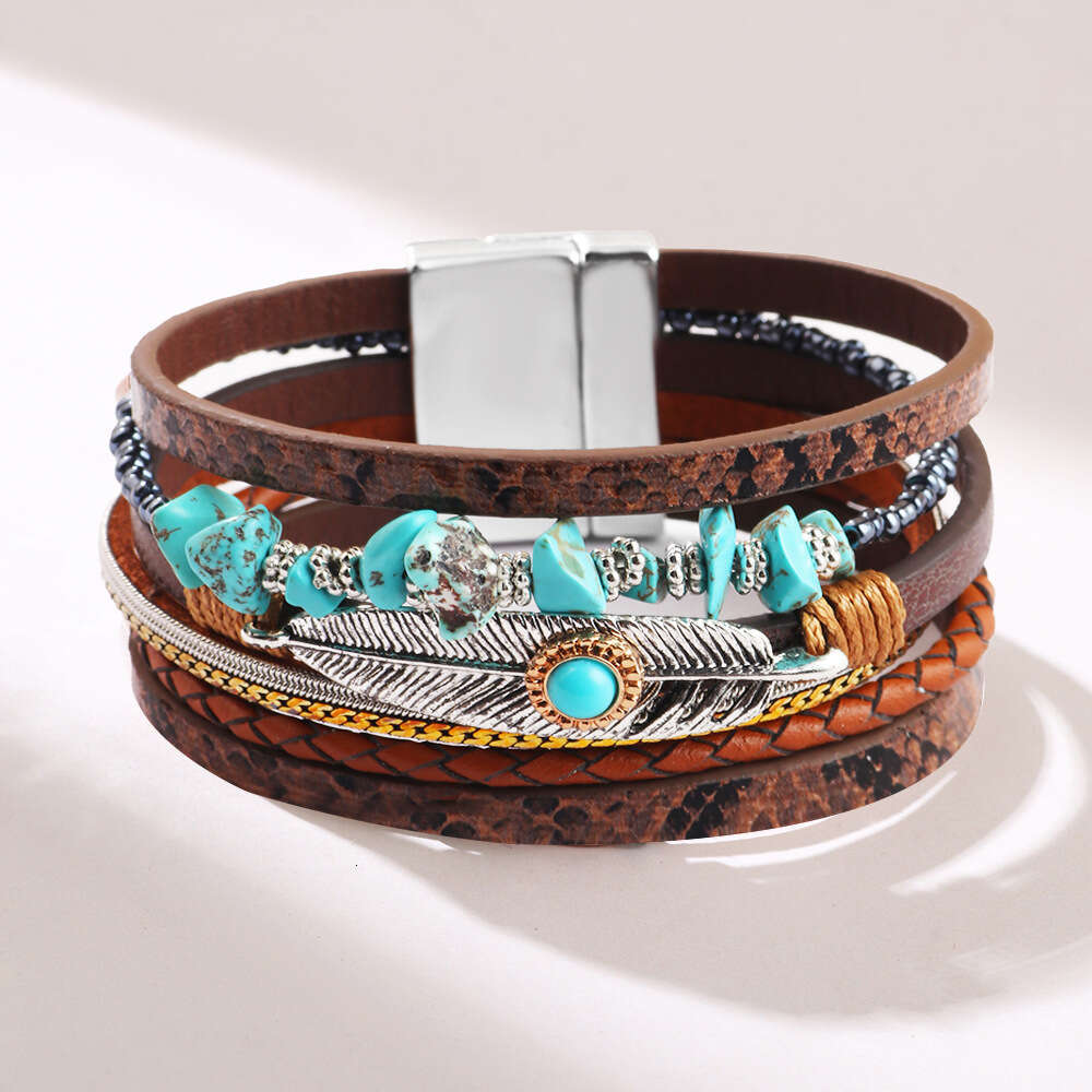 Women's Feather Trendy Personalized Turquoise Crushed Stone Multi layer Leather Bracelet
