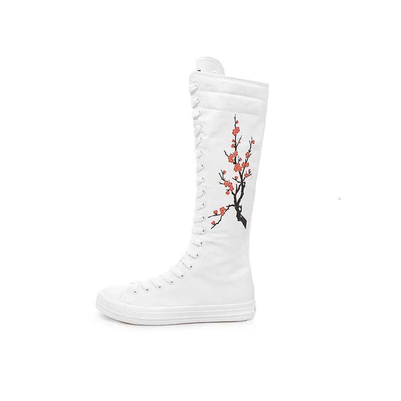 Spring and summer new long tie side zipper knee boots casual flat inner heightening large size embroidered canvas women's shoes