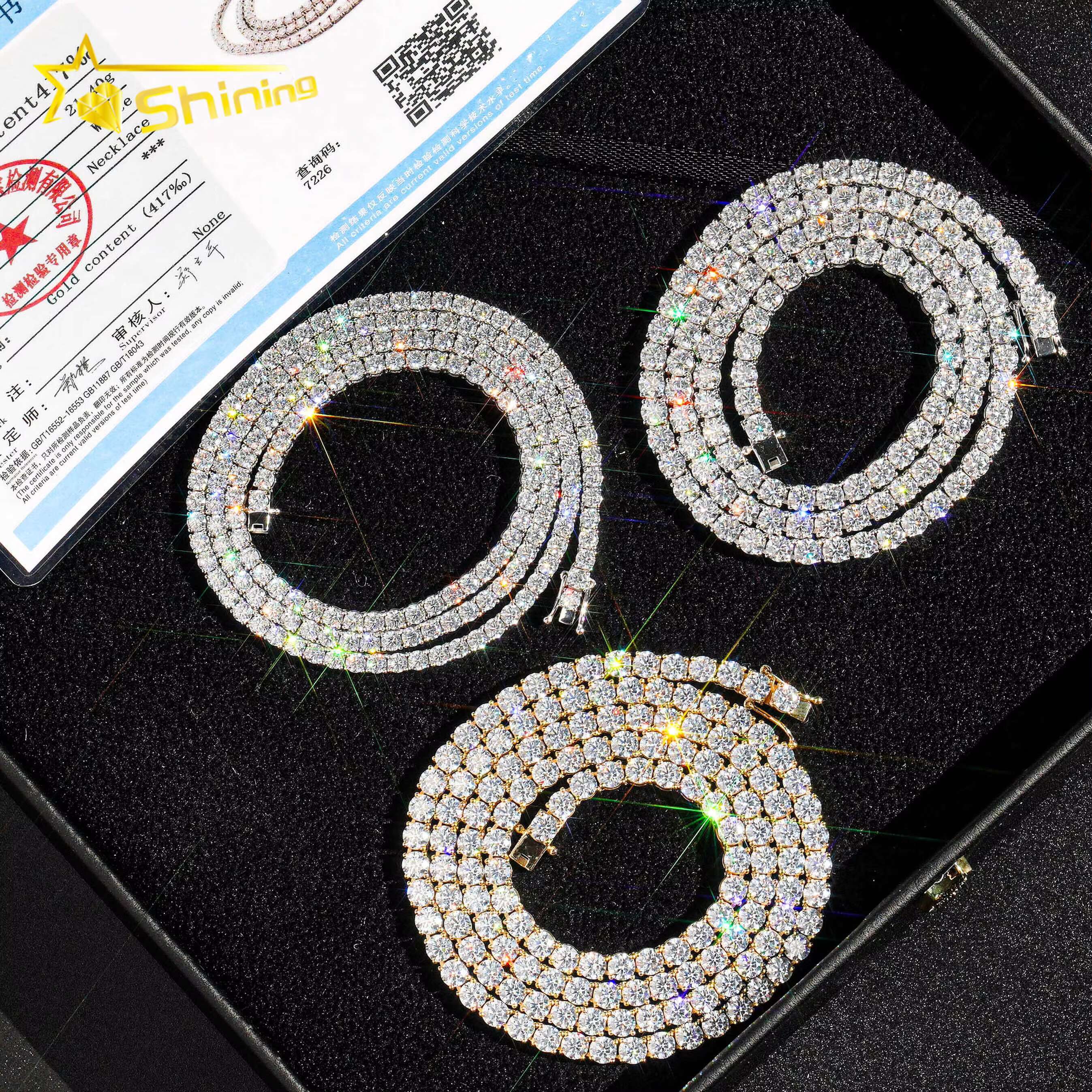 Luxury Bling 10K Real Solid Gold Hip Hop Necklace 3mm Moissanite Lab Grown Diamond Tennis Chain