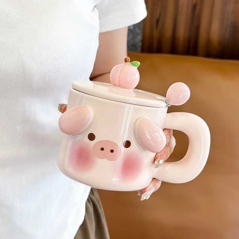 3D Pig Ceramic Mug with Lid Spoon Cute Cartoon Large Capacity Coffee Cup for Office Home Use Gift Idea Y251125