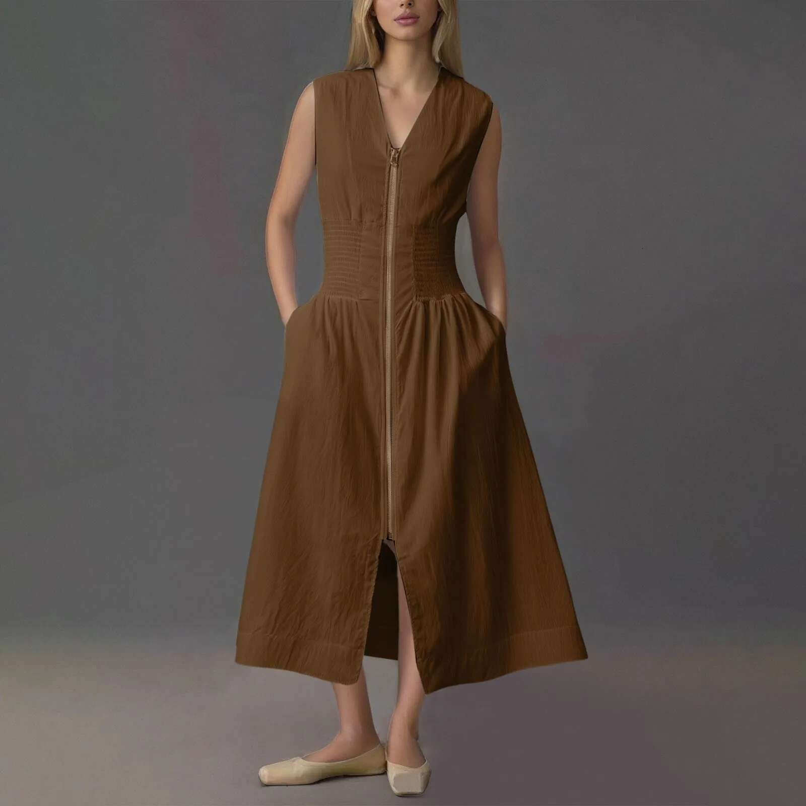 Dongdumaoyi New Zip Up Dresses Female Stylish Solid Color Zipper Maxi Sleeveless Casual Office A Line Long Dress For Women