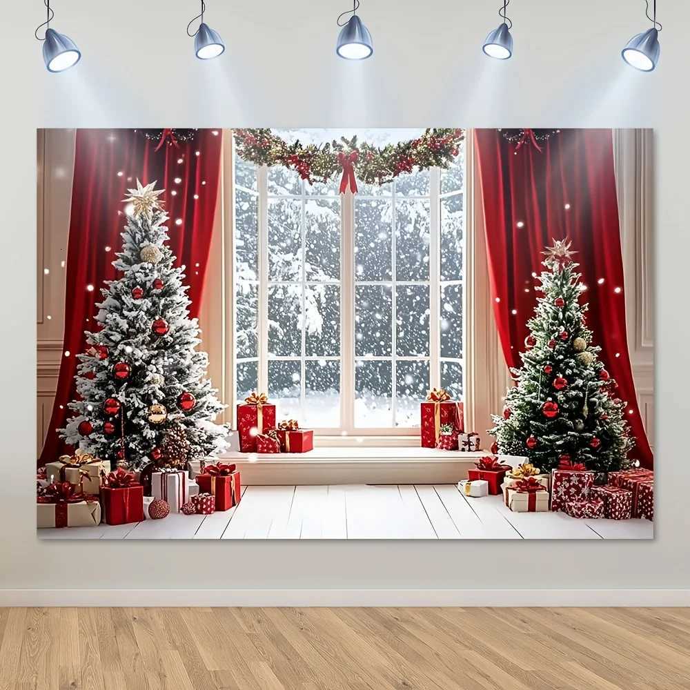 tapestry Large Wall Mural Winter Christmas Tree Snowy Window Scene with Red Curtains - 2D Flat Printing HolidayM251125