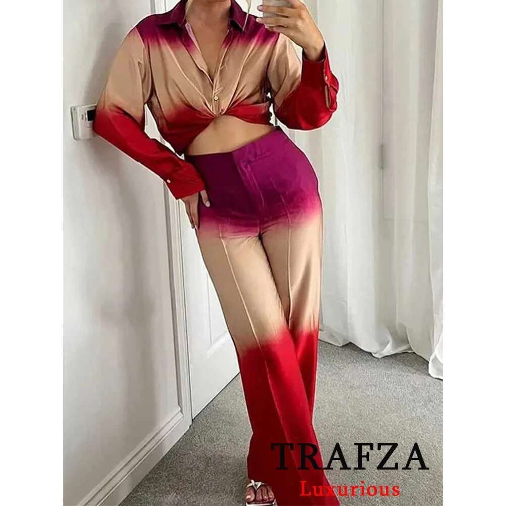 TRAFZA Vintage Red Tie Dye Suits Women Long Sleeve Loose Shirts+High Waist Wide Leg Pants Fashion 2024 Summer Holiday Sets