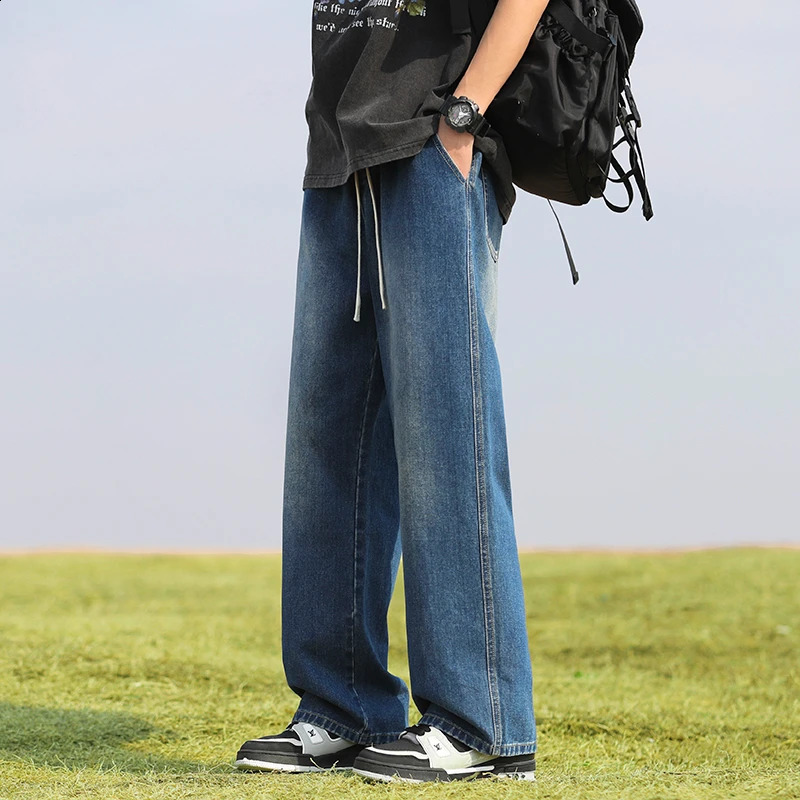 Homme Classic Baggy Drawstring Wide Leg Pants Korean Elastic Waist Simple Y2K Jeans 2024 Hip Hop Casual Lace Mens 250409