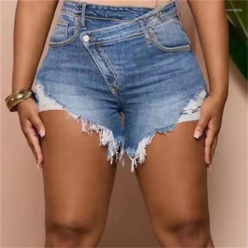 CNLONGBIDA Women's Shorts Fashion Slanted Waist Button Splicing Denim Women Summer Broken Holes Tassel Three Quarter Pants Female Casual Mini Jea
