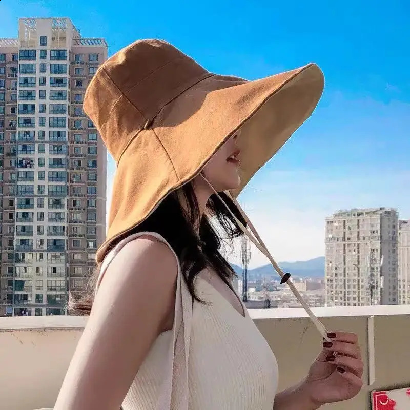 Wide Brim Sun Hat Women Anti-UV Protection Hiking Fisherman Cap Fold Summer Solid Cotton Breathable Beach Bucekt Hat 250424
