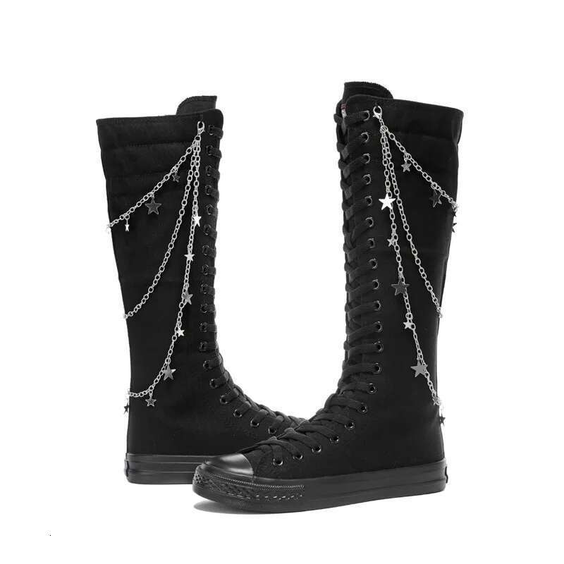 Spring long lace-up side zipper embroidered chain knee-length boots casual flat inner heightening large-size canvas women's shoe