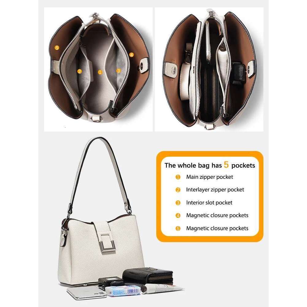 Zency Genuine Leather White Designer Noble Shopper Shoulder Commuter Large Handbag Women Tote Bucket Cross Body Bag