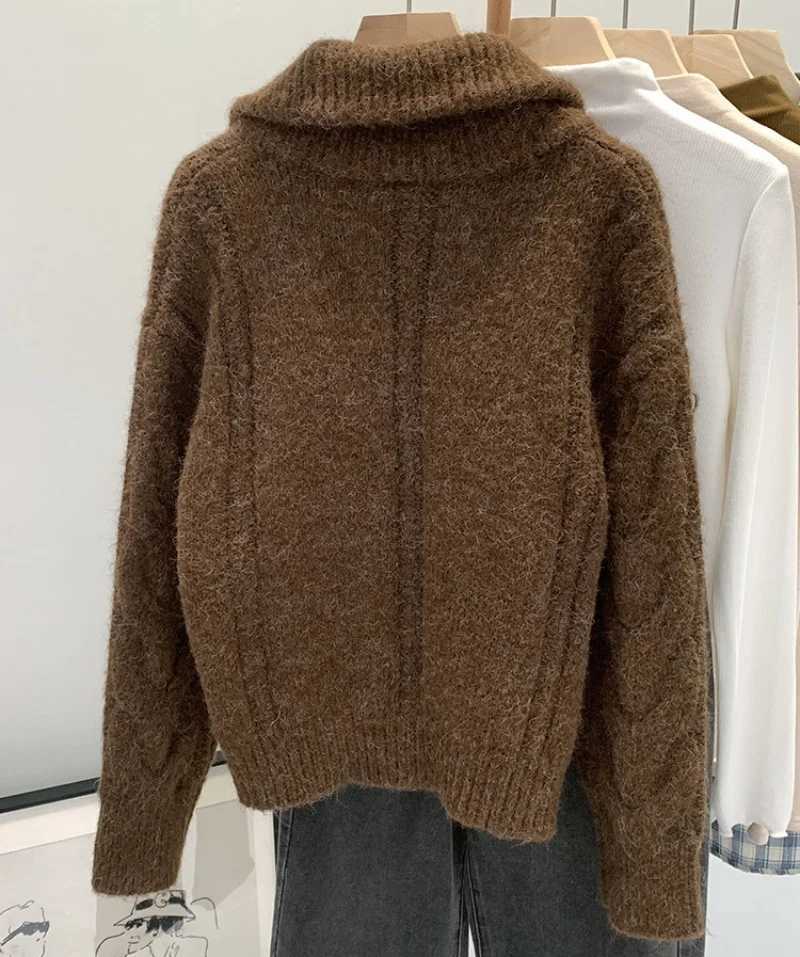 Korean Retro Solid Cardigans Jackets Fashion Women Long Sleeve Zipper Turn Down Collar Sweaters Autumn Winter Thicken CardiganT251125