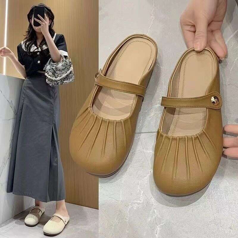2025 Spring/Summer New French Fold Western Style Baotou Half Slippers Women, Gentle Outing, Single Shoes for Women
