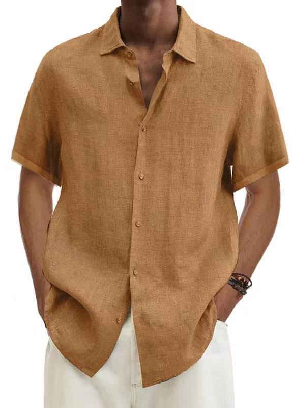 2022 summer V-neck button cotton hemp solid mens fashion shirt men