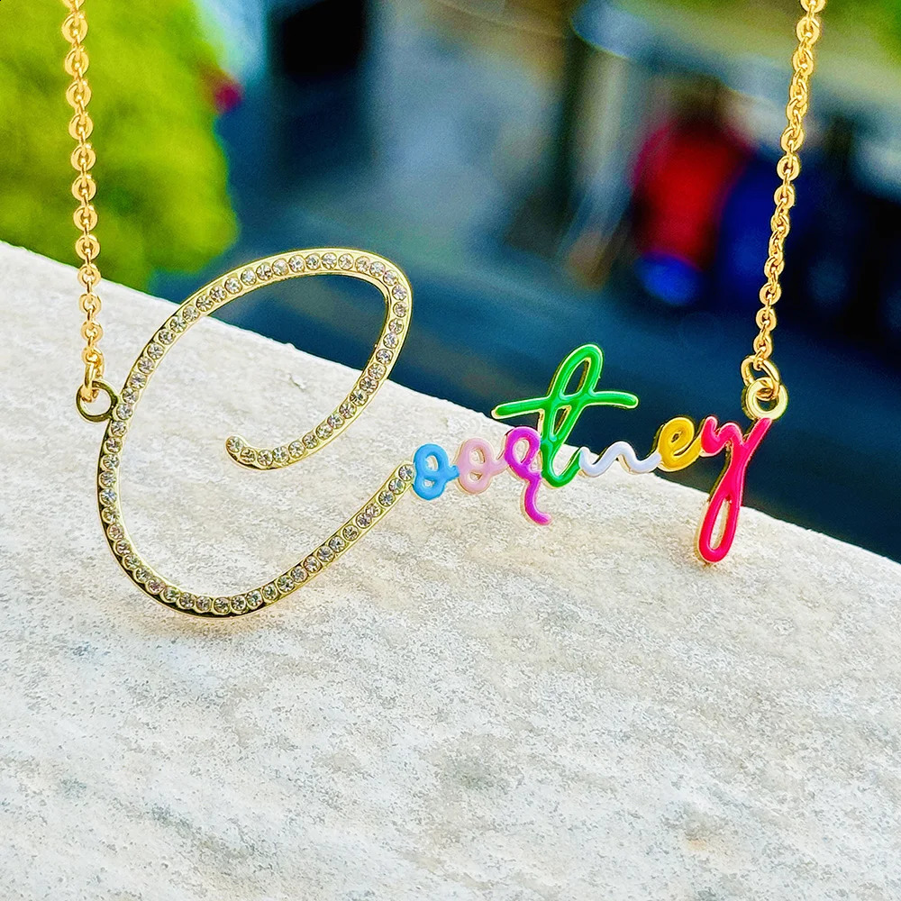 DODOAI Custom Name Necklace Rainbow Nameplate Zircon Pendant Necklaces Fashion Jewelry For Women Personalized Gifts 250425